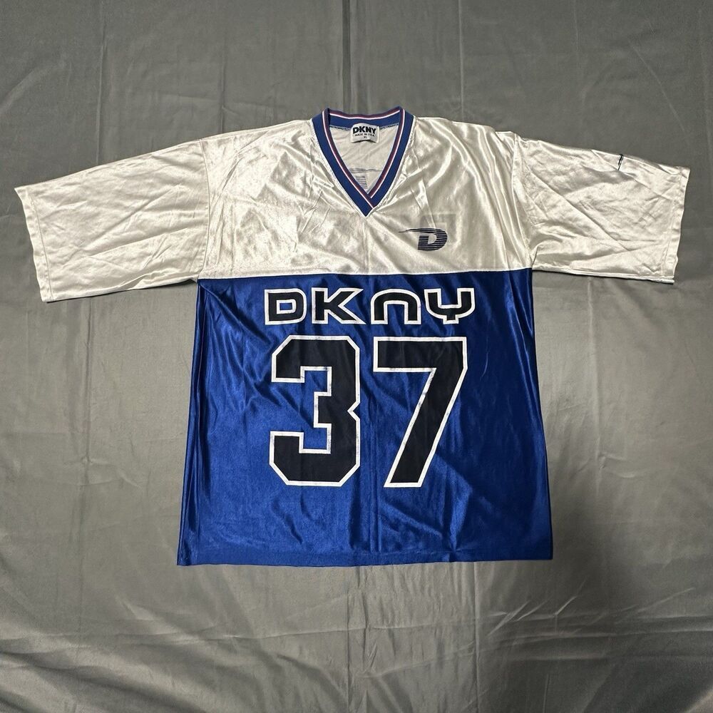 Vintage 90s DKNY Jersey Mens XL Made in USA Colorblock #37 Sports Blue V-Neck